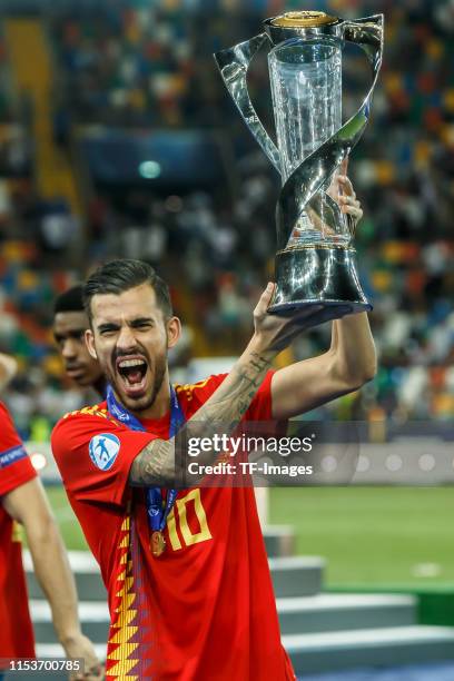 Dani Ceballos of Spain with trophy after winning the 2019 UEFA U-21 Final between Spain and Germany at Stadio Friuli on June 30, 2019 in Udine, Italy.