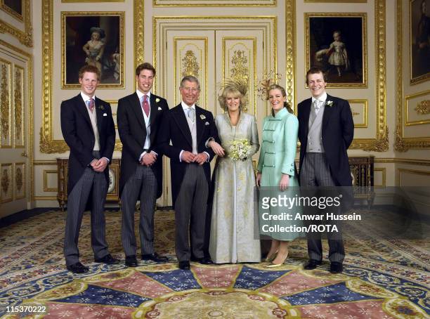 The Prince of Wales and his new bride Camilla, Duchess of Cornwall, with their children Prince Harry, Prince William, Laura Parker Bowles and Tom...