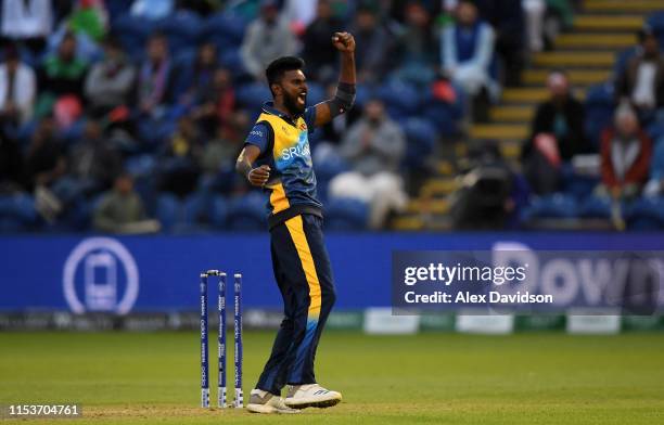 Isuru Udana of Sri Lanka celebrates the run out of Najibullah Zadran of Afghanistan during the Group Stage match of the ICC Cricket World Cup 2019...