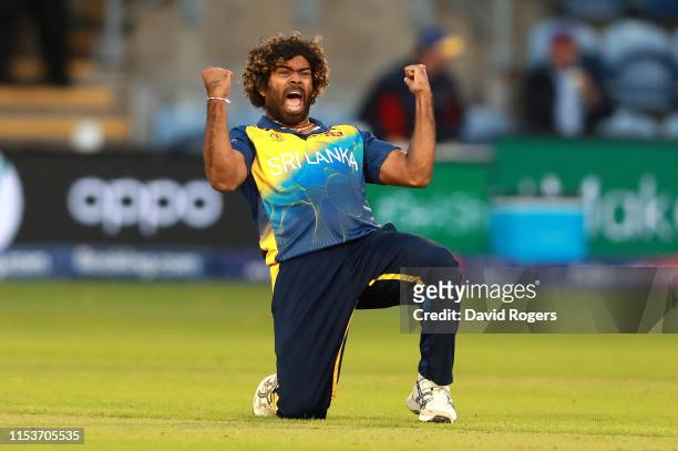Lasith Malinga of Sri Lanka celebrates after bowling Hamid Hassan to win the match during the Group Stage match of the ICC Cricket World Cup 2019...