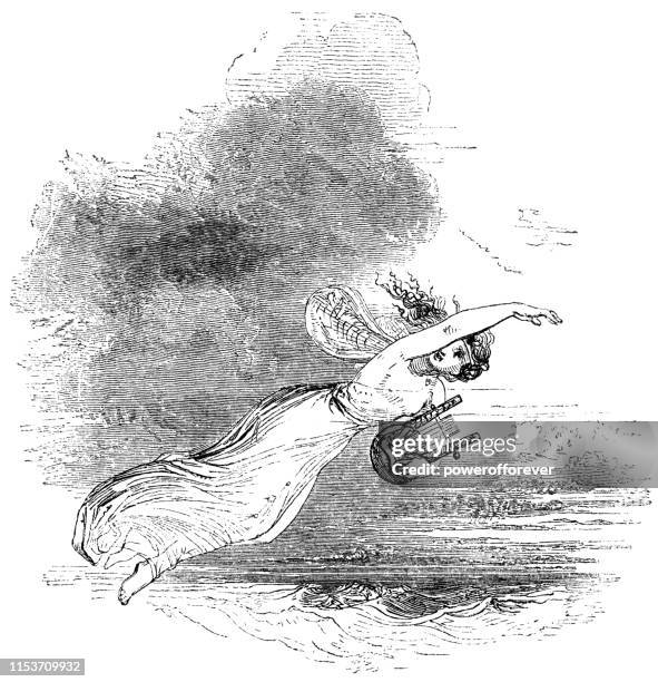 ariel singing and playing a lyre - works of william shakespeare - floating fairy stock illustrations