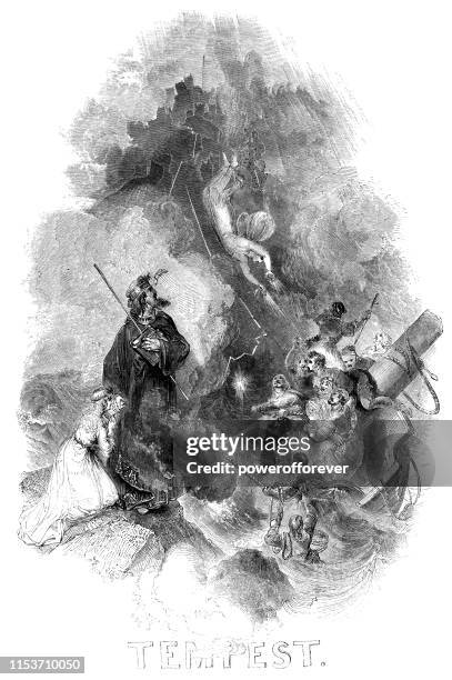 the tempest with scenes from the play - works of william shakespeare - shipwreck stock illustrations