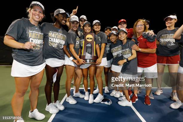 The Stanford Cardinal celebrate after defeating the Georgia Bulldogs during the Division I Women's Tennis Championship held at the USTA National...