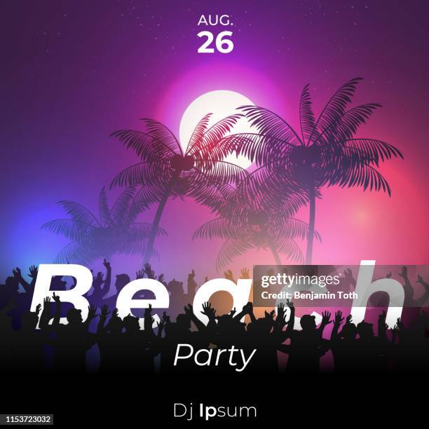 summer night beach party poster with crowd design - beach party stock illustrations