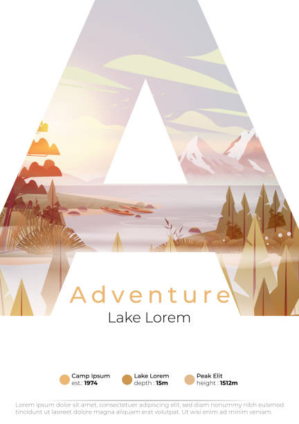 lake summer camp poster with pine forest, and mountains - winter background wood stock illustrations