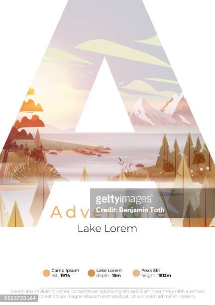 lake summer camp poster with pine forest,  and mountains - winter landscape scenery beauty stock illustrations