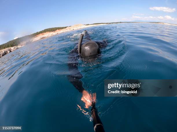 Man In Wetsuit Snorkelen Op Zee Oppervlak, Stockfoto