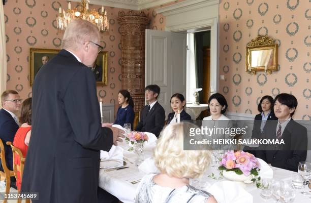 Mayor of Raasepori Ragnar Lundqvist addresses Crown Prince Akishino and Crown Princess Kiko of Japan at a dinner hosted by Fiskars Village and...