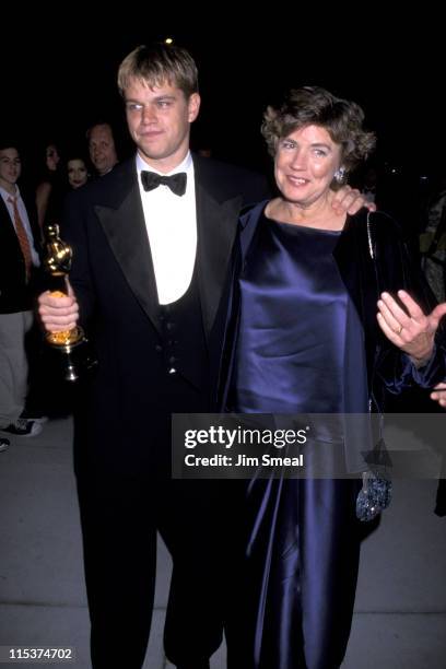 Matt Damon and mother Nancy during 1998 Vanity Fair Oscar Party - Arrivals at Morton's Restaurant in Beverly Hills, California, United States.