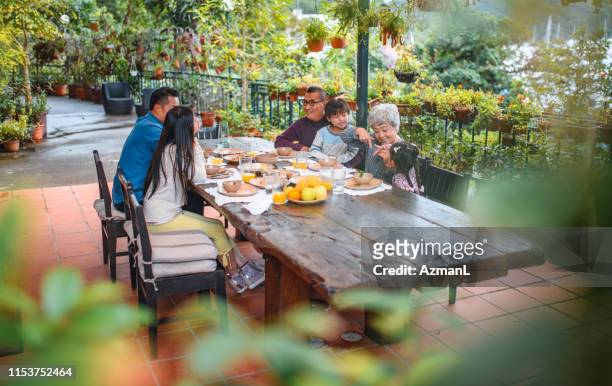 multi-generation family eating meal in back yard - chinese eating backyard stock pictures, royalty-free photos & images