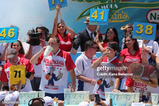 Joey Chestnut participates in the men's hot dog eating contest on July 4, 2019 in New York City. Nathan's held its first hot dog eating contest in...