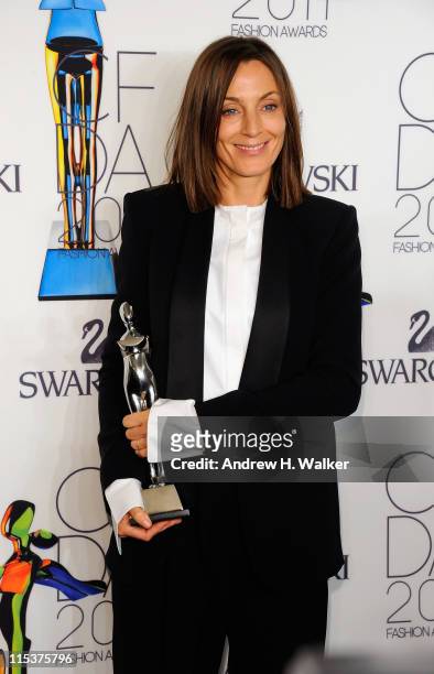 International Award honoree Phoebe Philo poses backstage at the 2011 CFDA Fashion Awards at Alice Tully Hall, Lincoln Center on June 6, 2011 in New...