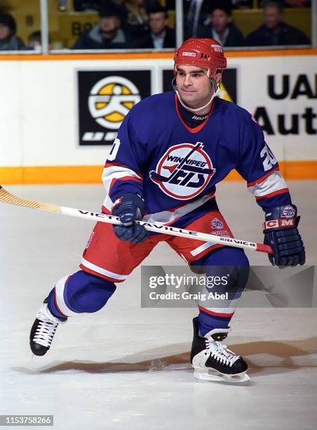 Tie Domi of the Winnipeg Jets skates against the Toronto Maple Leafs during NHL game action on March 24, 1995 at Maple Leaf Gardens in Toronto,...