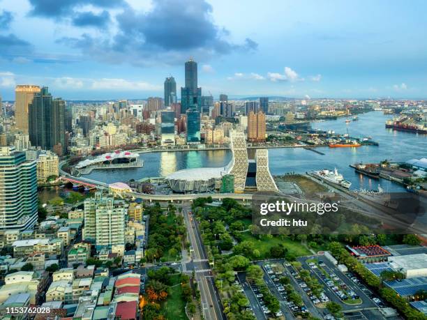 cityscape of kaohsiung at night - taiwan landscape stock pictures, royalty-free photos & images