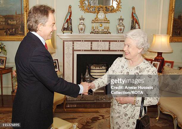 The Queen Elizabeth II receives Prime Minister Tony Blair Friday May 6 at Buckingham Palace after the Labour Party won a historic third term in...