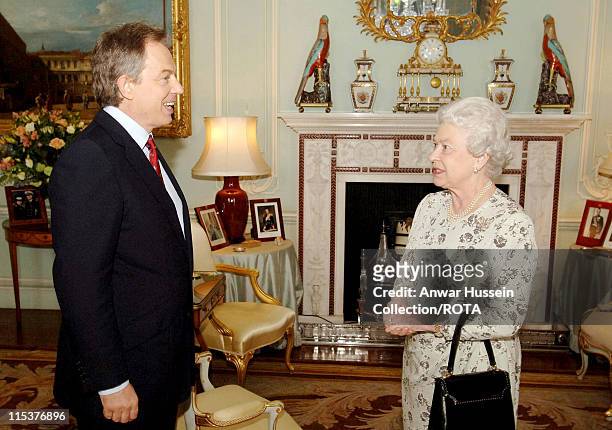 The Queen Elizabeth II receives Prime Minister Tony Blair Friday May 6 at Buckingham Palace after the Labour Party won a historic third term in...