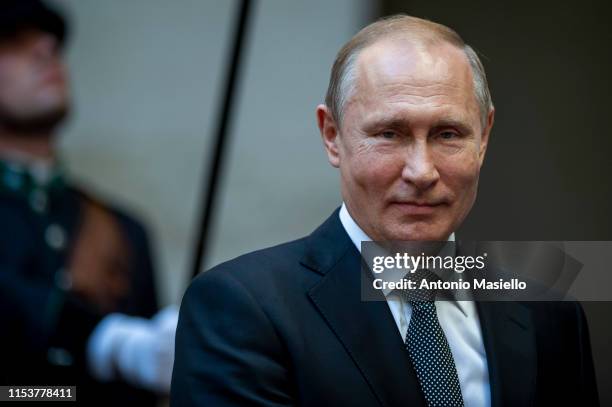 President of Russia Vladimir Putin meets Italian Prime Minister Giuseppe Conte for their meeting at Palazzo Chigi on July 4, 2019 in Rome, Italy....