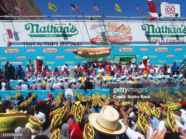 Atmosphere at the 2019 Nathans Famous Fourth of July International Hot Dog Eating Contest at Coney Island on July 4, 2019 in the Brooklyn borough of...