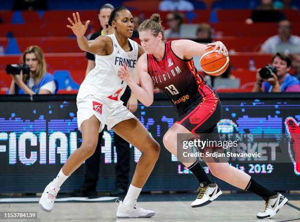 Kyara Linskens of Belgium in action against Sandrine Gruda of France during the FIBA Women's Eurobasket 2019 quarterfinals match between France and...