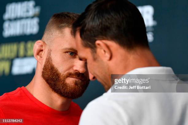 Jan Blachowicz of Poland and Luke Rockhold face off during the UFC 239 Ultimate Media Day at T-Mobile Arena on July 4, 2019 in Las Vegas, Nevada.