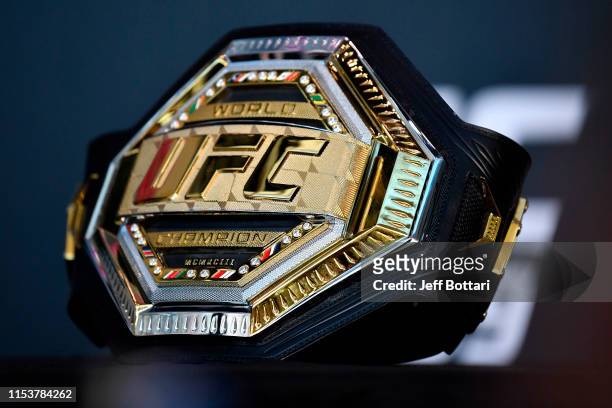 Detail shot fo the UFC championship belt during the UFC 239 Ultimate Media Day at T-Mobile Arena on July 4, 2019 in Las Vegas, Nevada.