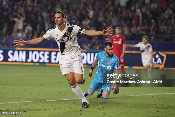 Zlatan Ibrahimovic of LA Galaxy celebrates after scoring a goal to make it 2-0 during the MLS match between Los Angeles Galaxy and Toronto FC at...