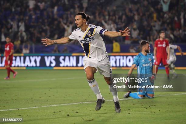 Zlatan Ibrahimovic of LA Galaxy celebrates after scoring a goal to make it 2-0 during the MLS match between Los Angeles Galaxy and Toronto FC at...