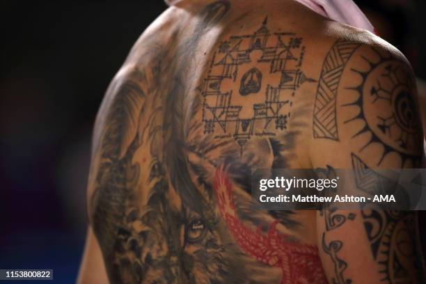 Tattoos on the back of Zlatan Ibrahimovic of LA Galaxy during the MLS match between Los Angeles Galaxy and Toronto FC at Dignity Health Sports Park...