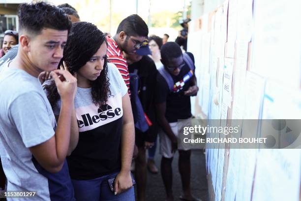 Student react as they check the results of the baccalaureat exam at a high school in Saint-Denis de la Reunion, on July 5, 2019. - French high-school...
