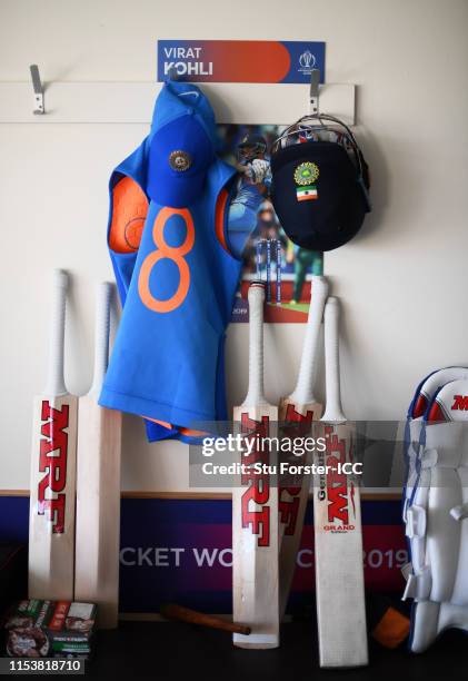 Detailed view of the kit of Virat Kohli of India in the changing rooms prior to the start during the Group Stage match of the ICC Cricket World Cup...