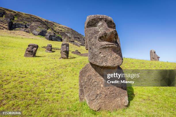 moais easter island rano raraku moai rapa nui - easter_island stock pictures, royalty-free photos & images