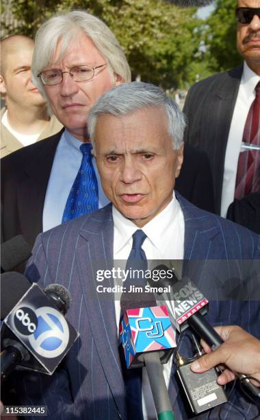 Robert Blake speaks to the media as his attorney Thomas Mesereau Jr. Listens, before a pre-trial session on the murder charges he faces in the death...