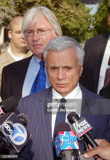 Robert Blake speaks to the media as his attorney Thomas Mesereau Jr. Listens, before a pre-trial session on the murder charges he faces in the death...
