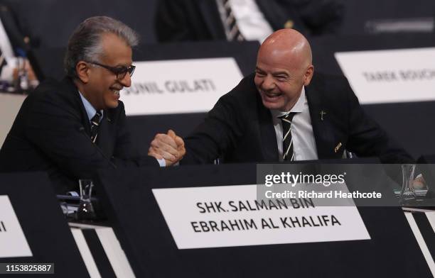 Council member Salman Bin Ebrahim Al Khalifa and FIFA President Gianni Infantino during the 69th FIFA Congress at the Paris Expo Porte de Versailles...