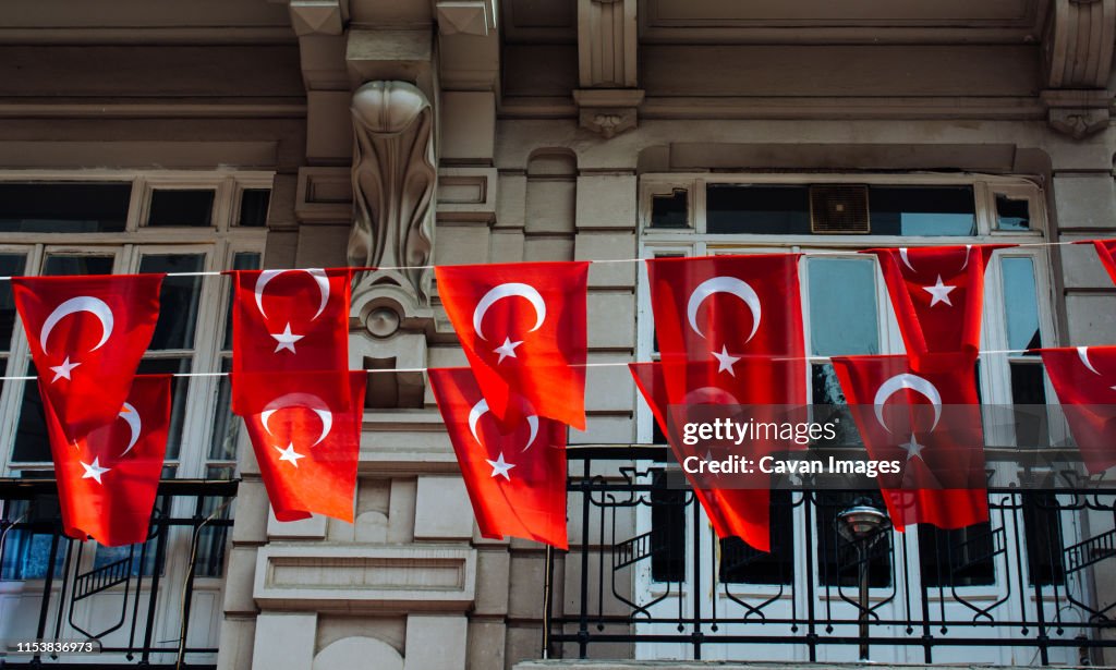 Turkish national flags with white star and moon in sky