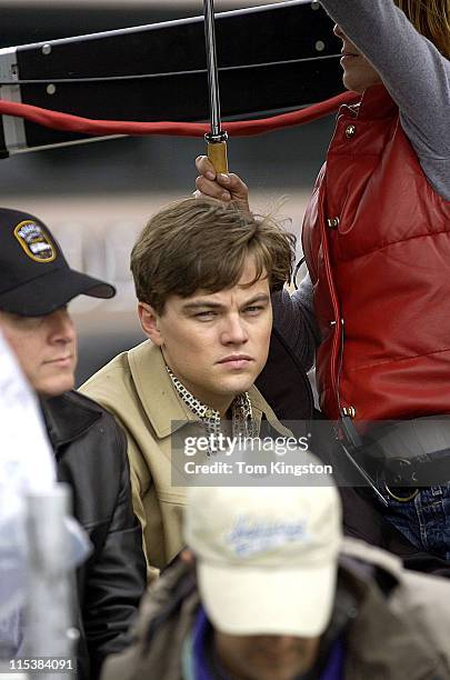 Leonardo DiCaprio during Leonardo DiCaprio on the set of "Catch Me If You Can" in Yonkers, New York in Yonkers, New York, United States.