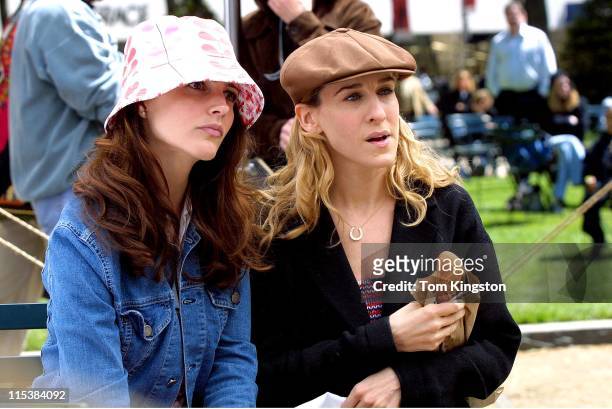 Kristin Davis, as Charlotte York, and Sarah Jessica Parker, as Carrie Bradshaw, seen on Location For "Sex and the City" on May 08, 2001 at Central...