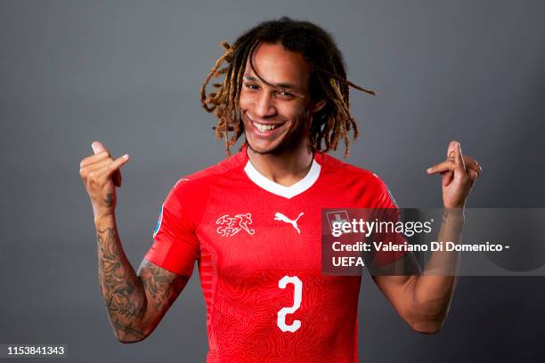 Kevin Mbabu of Switzerland poses for a portrait during the UEFA Nations League Finals Portrait Shoot on June 02, 2019 in Zurich, Switzerland.