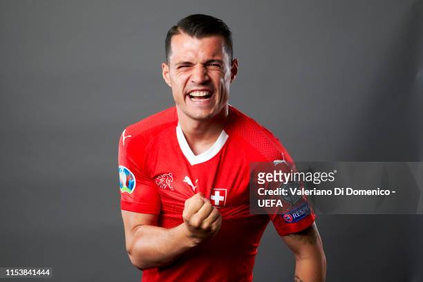Granit Xhaka of Switzerland poses for a portrait during the UEFA Nations League Finals Portrait Shoot on June 02, 2019 in Zurich, Switzerland.