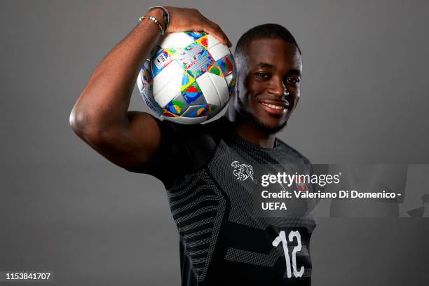 Yvon Mvogo of Switzerland poses for a portrait during the UEFA Nations League Finals Portrait Shoot on June 02, 2019 in Zurich, Switzerland.