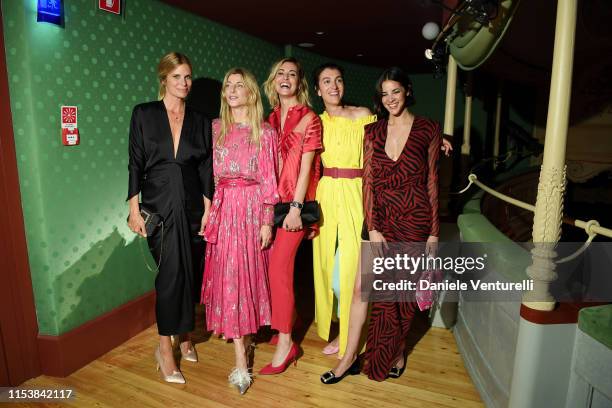 Filippa Lagerback, Ada Kokosar, Sveva Alviti, Marta Ferri and Emilie Fouilloux attend the Roger Vivier Press Dinner at Teatro Gerolamo on June 04,...