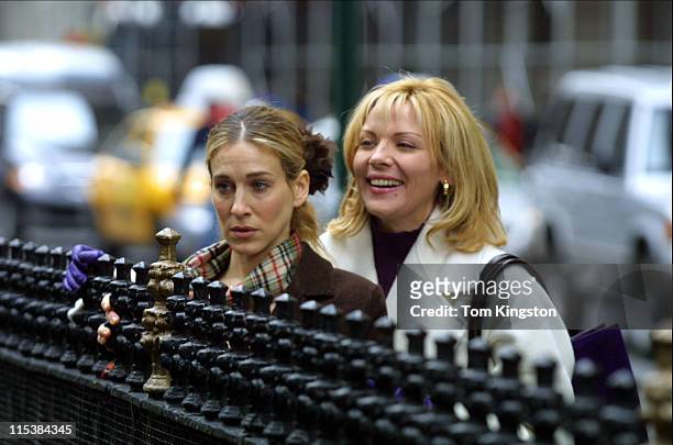Sarah Jessica Parker and Kim Cattral during Filming "Sex and the City" on March 15, 2001 at Streets of New York in New York City, New York, United...