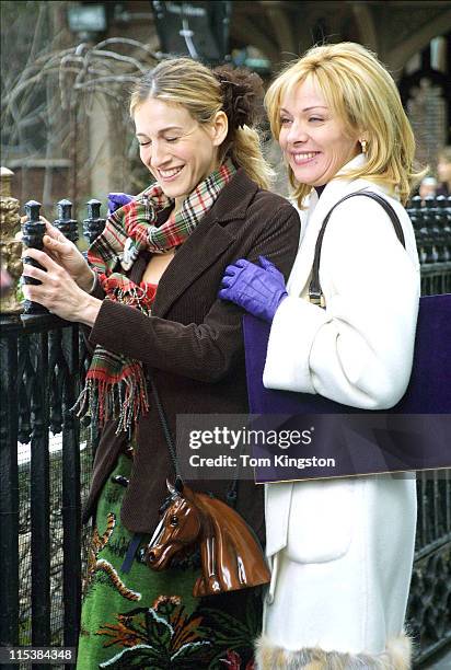 Sarah Jessica Parker and Kim Cattral during Filming "Sex and the City" on March 15, 2001 at Streets of New York in New York City, New York, United...