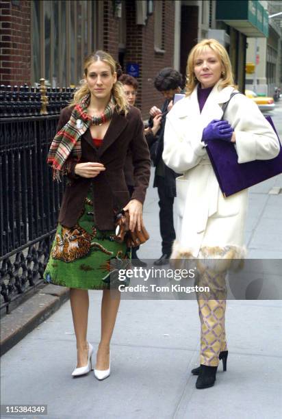 Sarah Jessica Parker and Kim Cattral during Filming "Sex and the City" on March 15, 2001 at Streets of New York in New York City, New York, United...