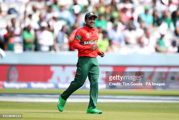 Bangladesh's Mehedi Hasan Miraz celebrates catching out Fakhar Zaman during the ICC Cricket World Cup group stage match at Lord's, London.