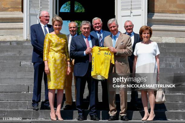 Belgian legend Eddy Merckx poses with Queen Mathilde of Belgium , King Philippe - Filip of Belgium , Eddy Merckx's wife Claudine and former Merckx...
