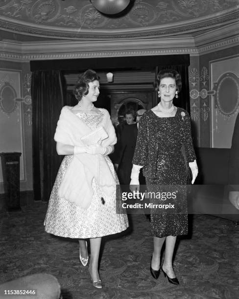 Princess Marina, Duchess of Kent attends a charity performance of 'The Most Happy Fella' at the Coliseum. She is pictured with her daughter Princess...