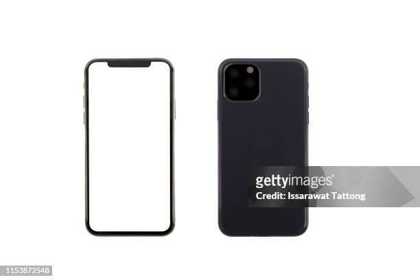 smartphone front and back perspective view isolated on white background - smartphone fotografías e imágenes de stock
