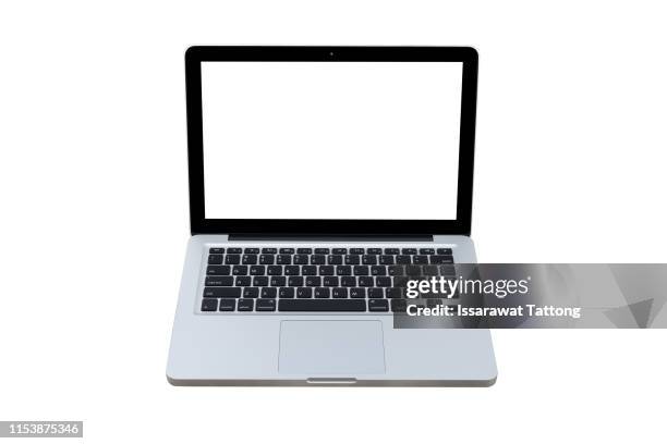 top view of modern retina laptop with english keyboard isolated on white background. high quality. - laptop netbook fotografías e imágenes de stock