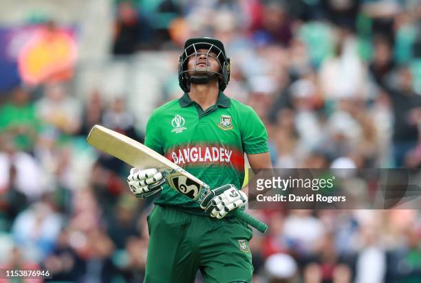 Shakib Al Hasan of Bangladesh looks dejected after being caught behind by Tom Latham during the Group Stage match of the ICC Cricket World Cup 2019...